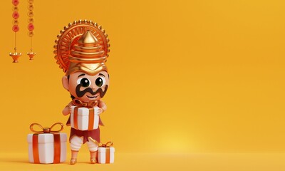 3d render onam festival with king mahabali character in yellow background