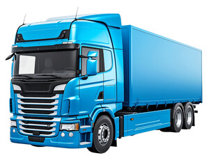 Blue modern European truck isolated on transparent background, Cargo cab and semi-trailer, concept of trucking, supply chain, transit, moving, shipping, delivery, front side view. generative ai