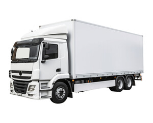 White cargo truck isolated on a transparent background, freightliner car. concept of trucking, supply chain, transit, moving, shipping, delivery, mailing, post services, front side view. generative ai