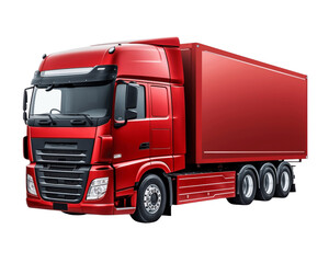 Red modern European truck isolated on transparent background, Cargo cab and semi-trailer, concept of trucking, supply chain, transit, moving, shipping, delivery, front side view. generative ai