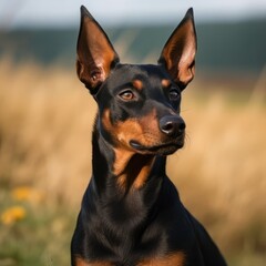 Profile portrait of a Doberman Pinscher dog in the nature. Doberman Pinscher dog portrait in a sunny summer day. Outdoor portrait of a beautiful Doberman Pinscher dog in a summer field. AI generated