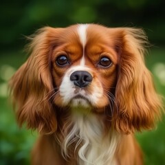 Naklejka premium Cavalier King Charles Spaniel dog portrait in a sunny summer day. Closeup portrait of a King Charles Spaniel dog in the field. Outdoor Portrait of a beautiful Spaniel dog in summer field. AI generated