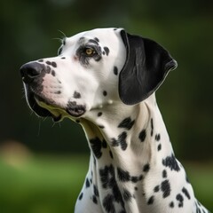 Profile portrait of a purebred Dalmatian dog in the nature. Dalmatian dog portrait in a sunny summer day. Outdoor Portrait of a beautiful Dalmatian dog in a summer field. AI generated