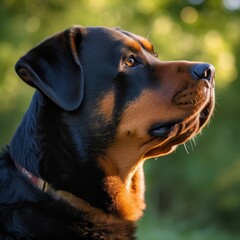 Profile portrait of a purebred Rottweiler dog in the nature. Rottweiler dog portrait in a sunny summer day. Outdoor portrait of a beautiful Rottweiler dog in a summer field. AI generated