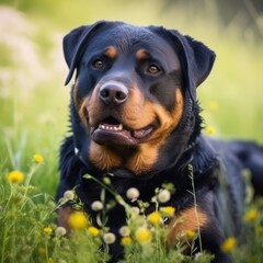 Rottweiler dog portrait in a sunny summer day. Closeup portrait of a purebred Rottweiler dog in the field. Outdoor portrait of a beautiful Rottweiler dog in a summer field. AI generated