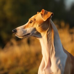 Obraz premium Profile portrait of a Russian Greyhound dog in the nature. Russian Greyhound dog portrait in a sunny summer day. Outdoor portrait of a beautiful Russian Greyhound dog in a summer field. AI generated