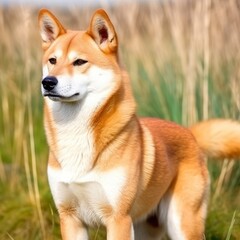 Shiba Inu dog profile portrait on a summer day. Side portrait of a purebred Shiba Inu dog standing in the green field. Outdoor portrait of a beautiful Shiba Inu dog in a summer field. AI generated