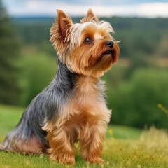 Profile portrait of a purebred Yorkshire Terrier dog sitting in a summer field. Yorkshire Terrier dog portrait in sunny summer day. Outdoor portrait of beautiful Yorkshire dog in nature. AI generated