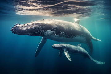 Fototapeta premium A humpback whale supports her very young calf near the ocean's surface