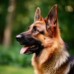 Profile portrait of a purebred german shepherd dog in the nature. German shepherd dog portrait in a sunny summer day. Outdoor Portrait of a beautiful german shepherd dog in summer field. AI generated