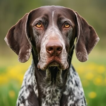 German Shorthaired Pointer dog portrait in a sunny summer day. Closeup portrait of a German Pointer dog in the field. Outdoor Portrait of a beautiful German Pointer dog in summer field. AI generated