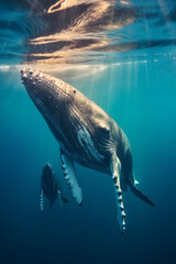 Obraz premium A humpback whale supports her very young calf near the ocean's surface