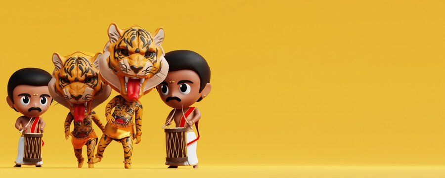 3d render kerala, onam festival, Chenda melam and puli dance, character in yellow background