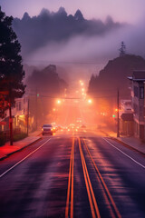 A long exposure of 30 seconds captures the movement of winter fog in Mill Valley, California