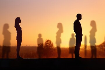 Fototapeta premium Angry man and woman turning away from each other crossing their arms. Ripped picture. Standing back to back after argument. Romantic relationships problem. Divorce breakup, created with generative ai
