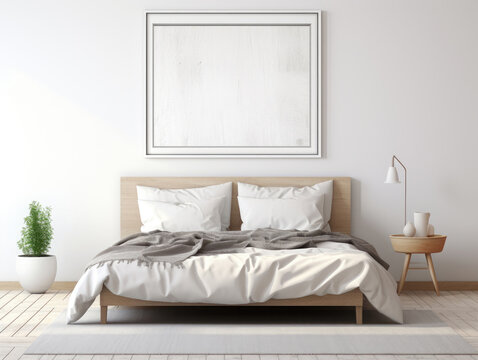 Mock-up poster frame in bedroom Scandinavian style , Mockups Design 3D, HD