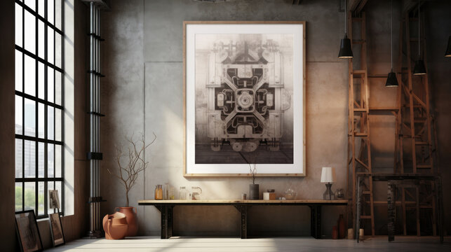 Mockup Poster In loft Interior Industrial style , Mockups Design 3D, HD