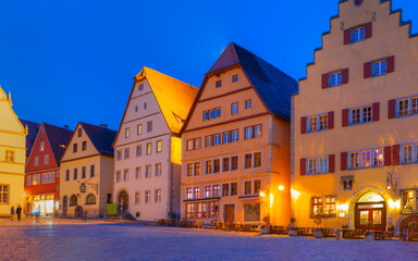 Beautiful medieval town of Rothenburg at twilight blue hour  - Bavaria, Germany