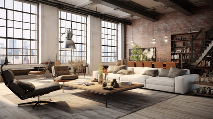 Fototapeta na wymiar Modern Living Room In Loft Apartment , Mockups Design 3D, HD