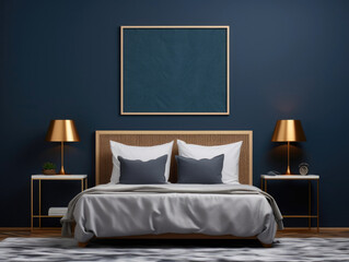 Poster frame mockup in Dark Blue Bedroom , Mockups Design 3D, HD