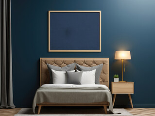 Poster frame mockup in Dark Blue Bedroom , Mockups Design 3D, HD