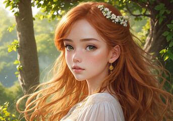 Naklejka premium A beautiful girl with long red hair poses against the background of a forest on a summer day. Generative AI.
