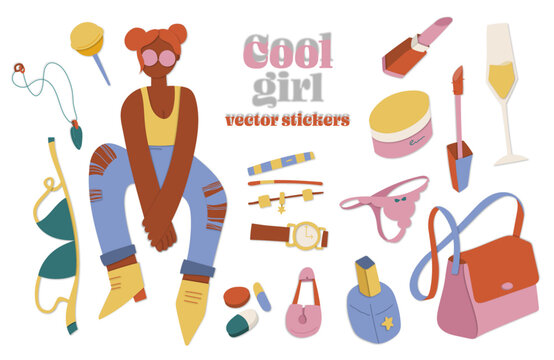 Black girl with cool attitude, beauty products and accessories, editable quirky vector illustration