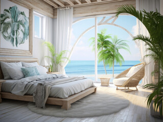 White Tropical Bedroom interior Coastal style, Mockups Design 3D, HD