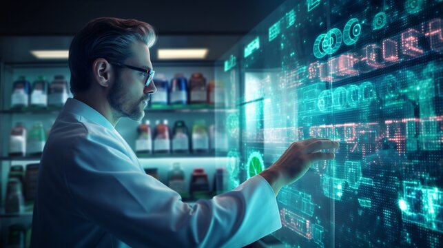 Personalized Medicine. A photo depicting a pharmacist or healthcare professional working with AI algorithms to create personalized medication plans tailored to individual patients based on their genet