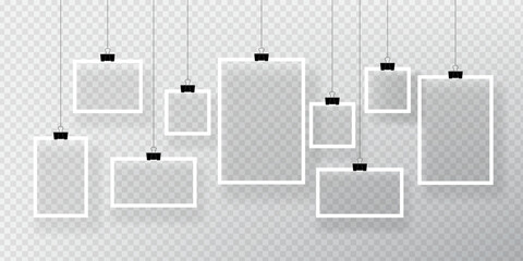 Empty photo frames with shadow effects. Vector Photo frame mockup design. Super set photo frame on sticky tape isolated on transparent background. Vector illustration.