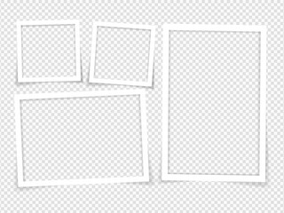 Empty photo frames with shadow effects. Vector Photo frame mockup design. Super set photo frame on sticky tape isolated on transparent background. Vector illustration.