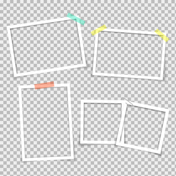 Empty photo frames with shadow effects. Vector Photo frame mockup design. Super set photo frame on sticky tape isolated on transparent background. Vector illustration.