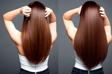 Beautiful long brown hair in a collage on a gray background