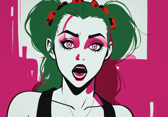 Zombie woman portrait on a grunge background in pop art comic style. Generative AI.