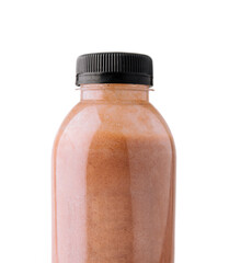 chocolate smoothies in plastic bottles on white