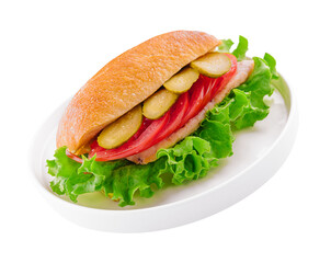 sandwich with cutlet, tomatoes and pickled cucumbers