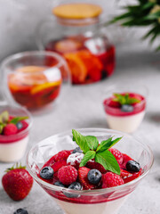 Italian dairy dessert panna cotta with raspberry jam