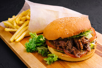Pulled pork burger with french fries