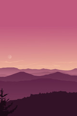 the beautiful mountain landscape with sunset in purple and orange colors
