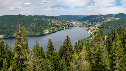 aerial view to the village of Gerardmer with lake and sailing boats