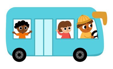 Vector blue bus with driver and passengers. Funny autobus for kids with cute boy and girl. Cute vehicle clip art. Public transport icon isolated on white background. © Lexi Claus