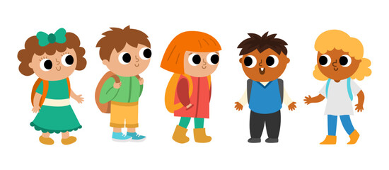 Fototapeta premium Vector cute schoolchildren with backpacks. Back to school character illustration. Boys and girls of different nationalities. Funny chatting kids with schoolbags isolated on white background.