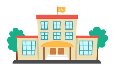 Vector school building with trees and flag isolated on white background. Back to school flat illustration. Cute educational concept.