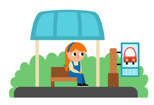 Vector Bus Stop Icon With Waiting Girl. Cartoon Public Transport Station. City Or Countryside Transportation Clipart With Greenery, Bench, Roof, Timetable. Cute Comfortable Destination Point.