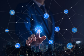 Online marketing business network concept. Businessman is connecting to business network on the internet. Plan real estate investments, analyze the market with AI, analyze customer needs.