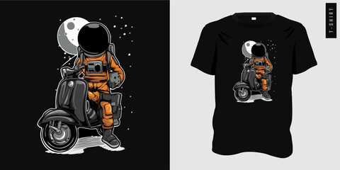 Astronaut riding vespa graphic t shirt design ready for print, tee, vector illustration - obrazy, fototapety, plakaty