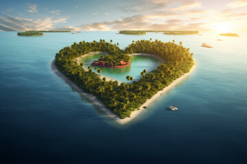 A tropical island shaped like a heart