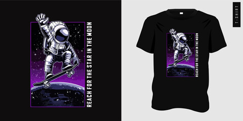 Skating astronaut graphic t-shirt design ready for print, spaceman symbol, outer space, moon. vector illustration - obrazy, fototapety, plakaty