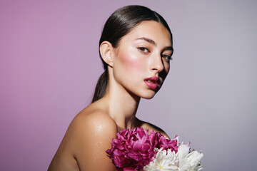 woman make-up pink portrait model girl spa face beauty flower blush