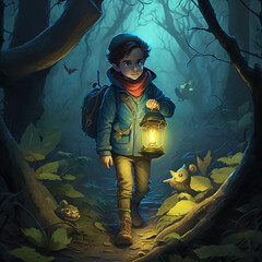 Boy with a lantern in the night forest. Generative AI.